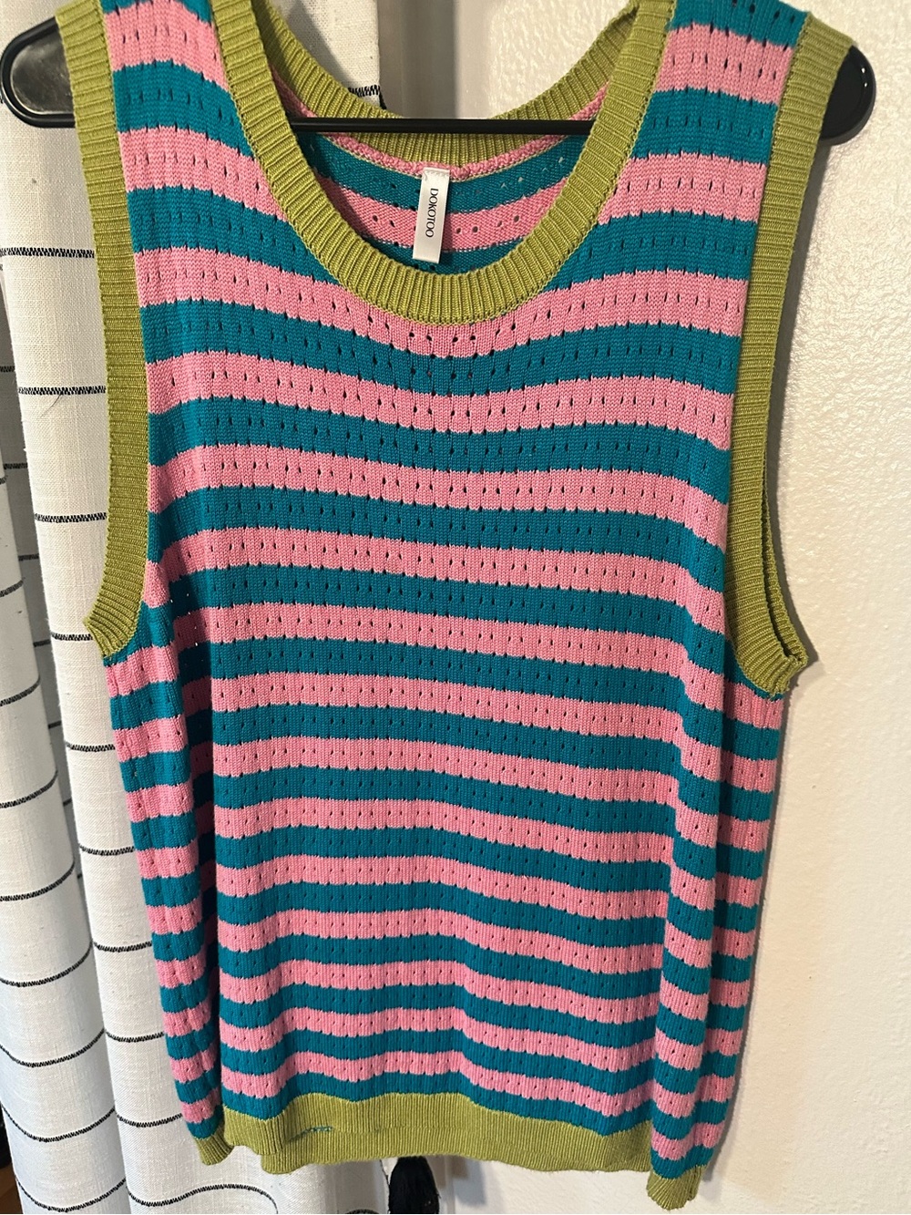 Striped Knit Tank Top in Pink & Teal with Olive Trim